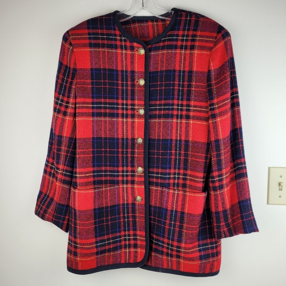 Liz Claiborne vintage wool red plaid blazer gold buttons 80's office preppy 10 - Picture 3 of 10